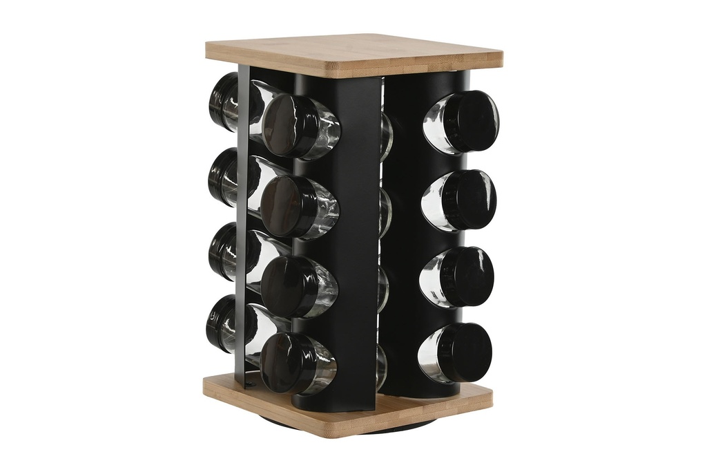 Support noir avec 16 pot a épices en métal bambou 20x20x28 cm