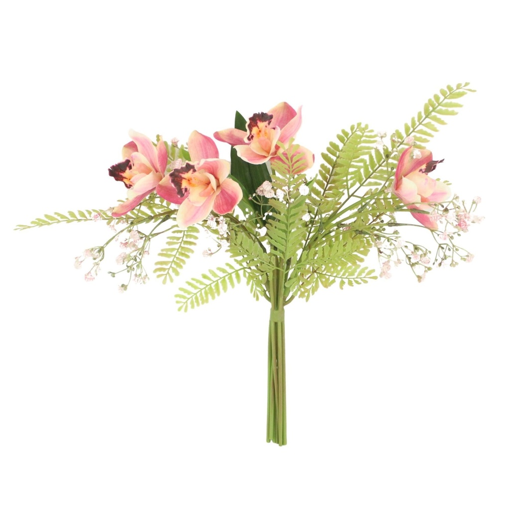 Bouquet orchidee et feuillages coloris fuchsia