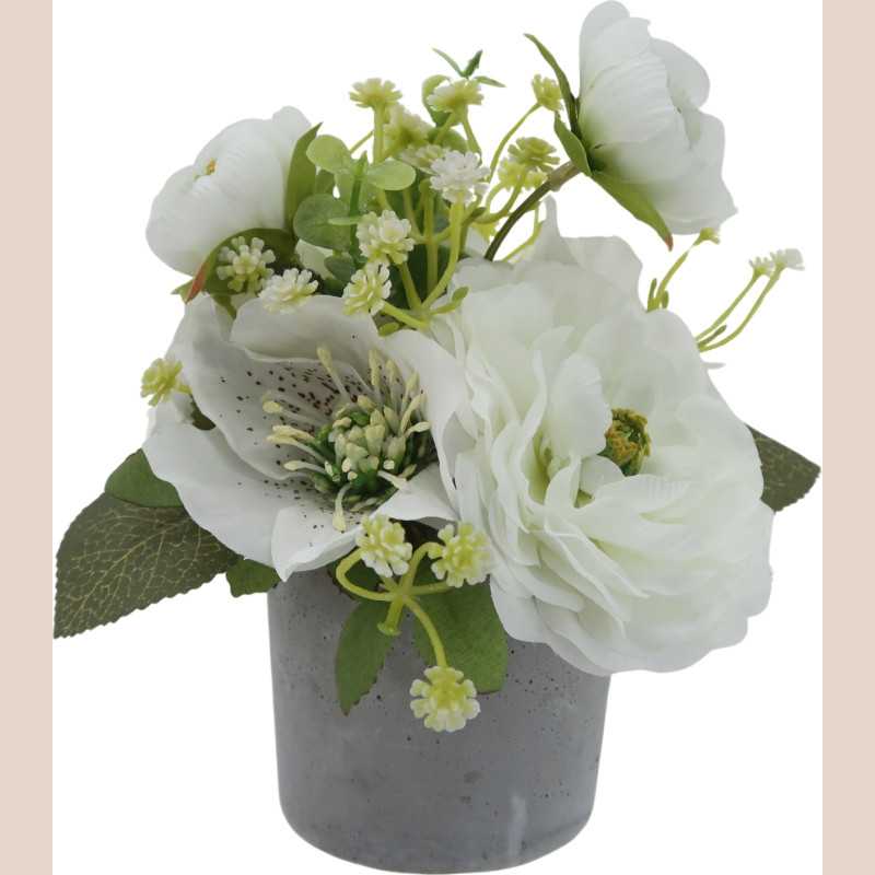 Fleur pot gris fleurs blanches pivoine renoncule euca