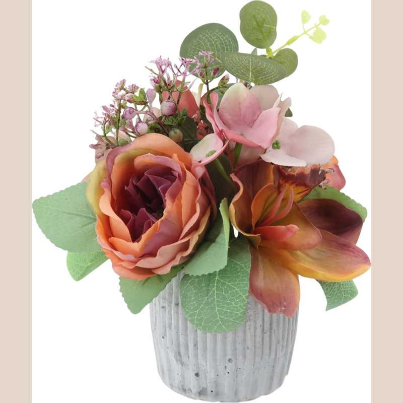 Fleur pot gris pivoine orchidee euca coloris violine jaune
