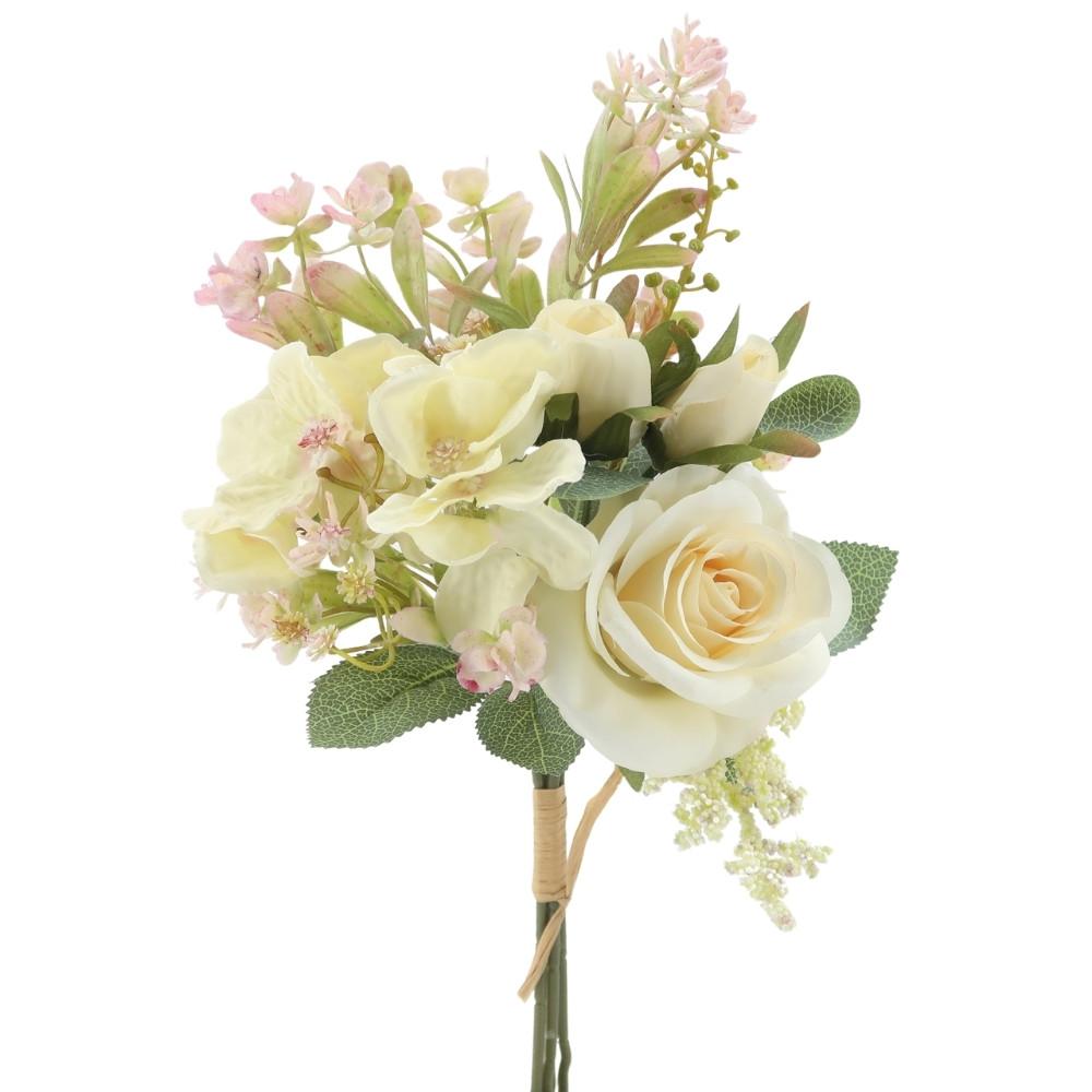 Bouquet hortensia rose et feuillages coloris vert beige