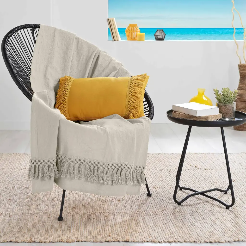 Couvre lit 1 pers. a franges 180 x 220 cm coton uni salma naturel