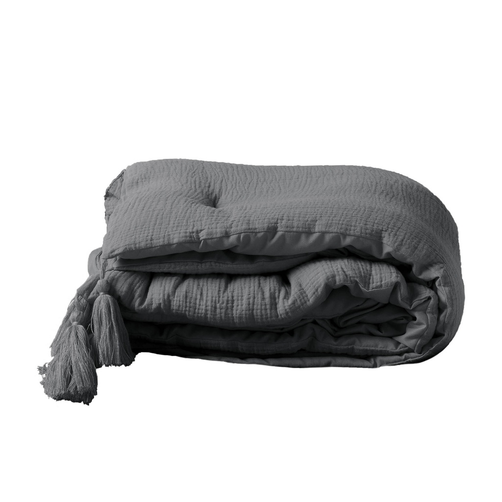 Chemin de lit +pompons 80 x 180 cm gaze de coton uni angelia anthracite