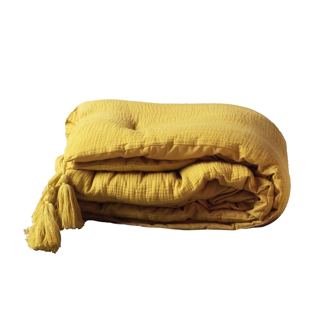 Chemin de lit +pompons 80 x 180 cm gaze de coton uni angelia jaune