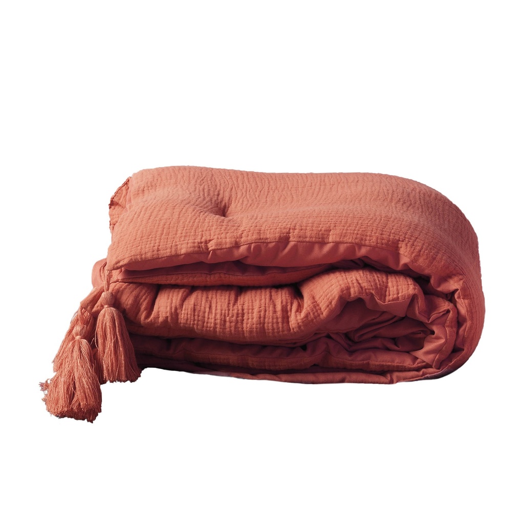Chemin de lit +pompons 80 x 180 cm gaze de coton uni angelia terracotta