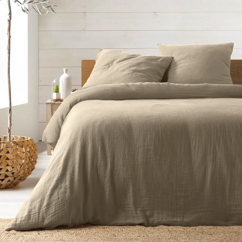 Parure de couette 3 pièces  double gaze de coton uni 57 fils (240 x 220 cm) Angelia Sable