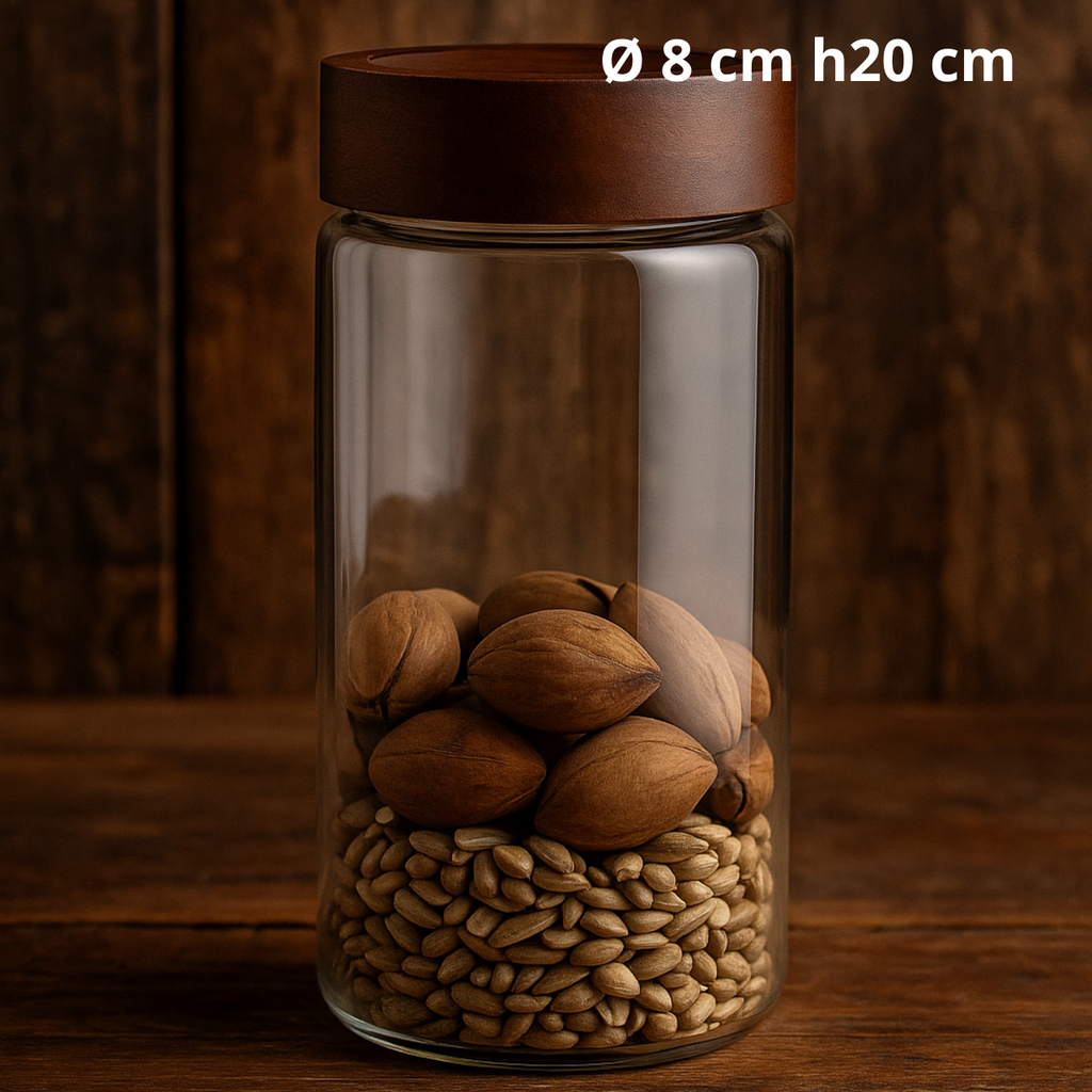 Bocal en verre avec couvercle en acacia Ø 8 cm h20 cm