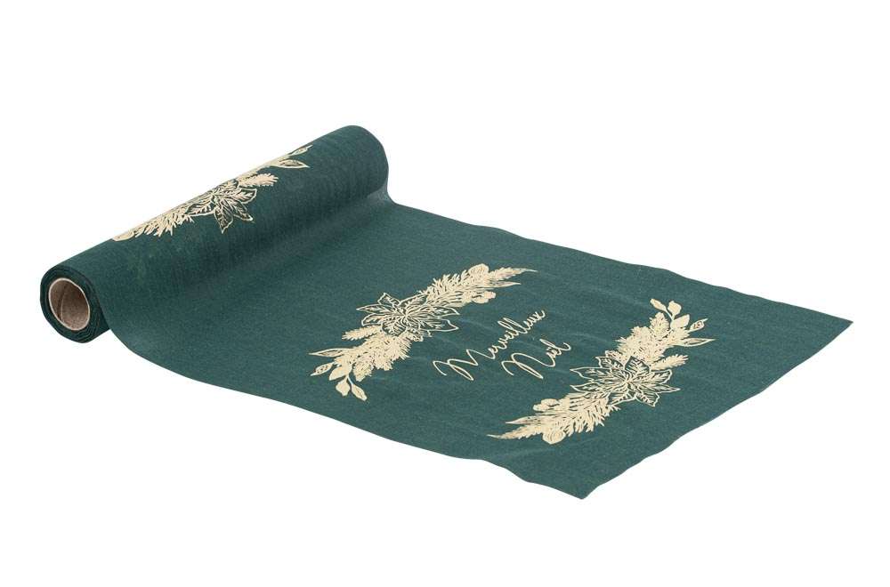 Chemin de Table "Merveilleux Noël" Mousseline Vert Anglais et Or 28cmx3m