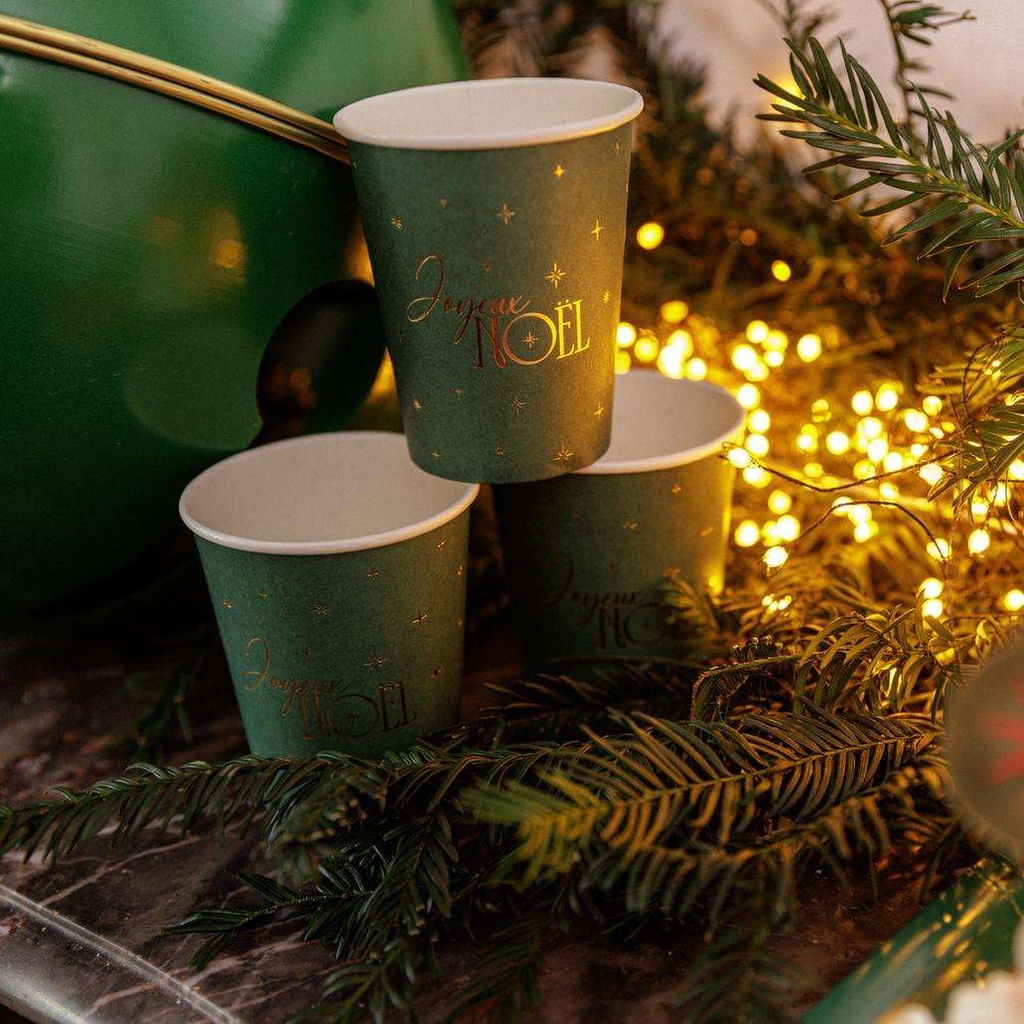 8 Gobelets "Joyeux Noël" L'Intemporel Carton Vert Anglais et Or 255ml