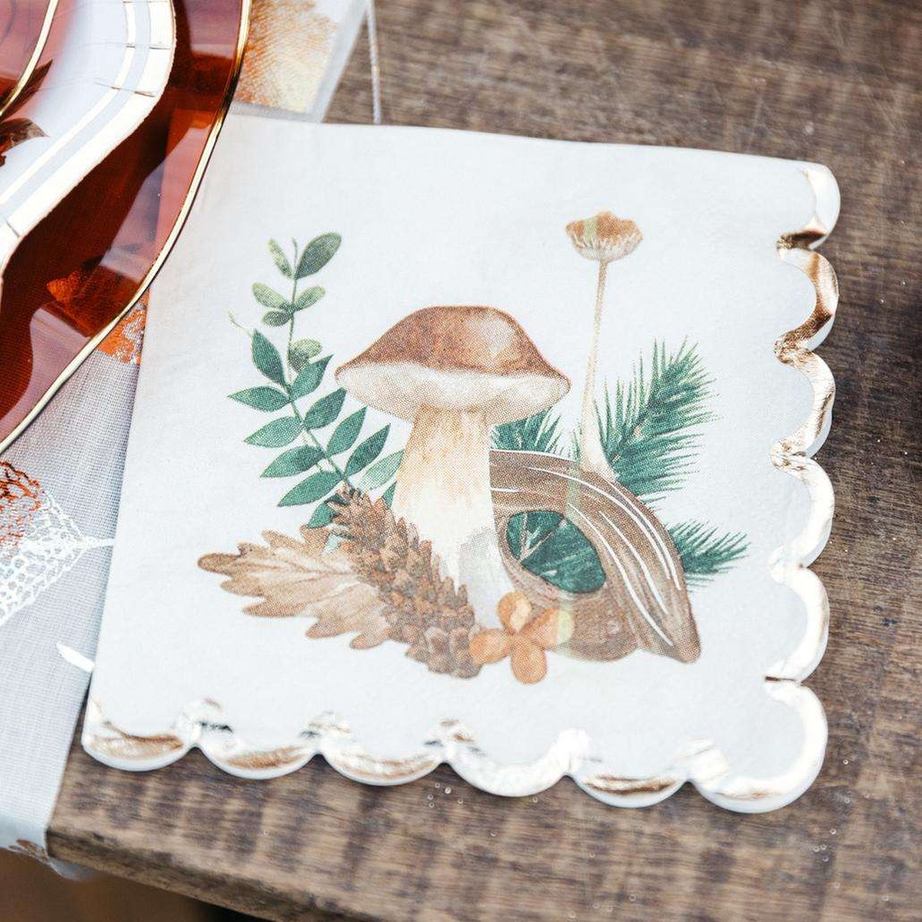 20 Serviettes Cocktail Promenade d'Automne Papier Crème, Brun et Or 24x24cm - 3 Plis 