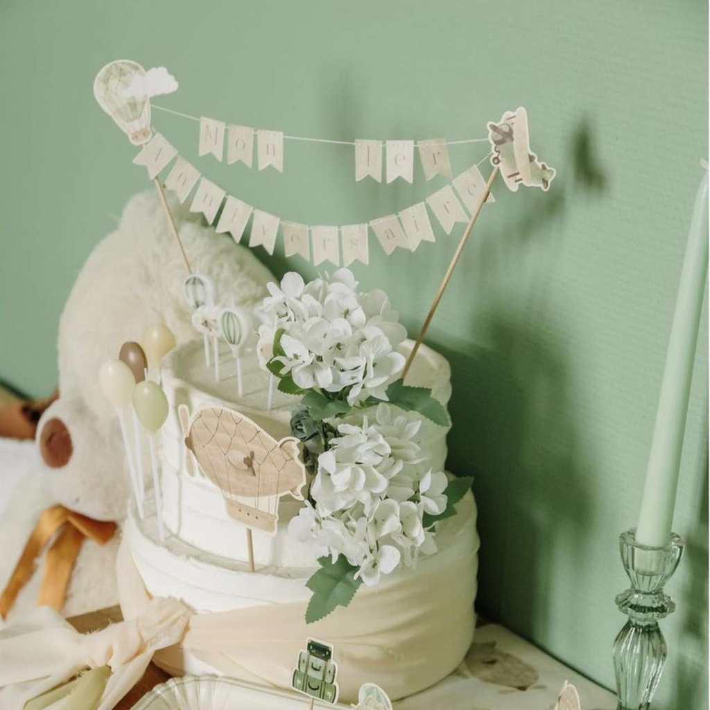 Cake Topper Guirlande "Mon 1er Anniversaire" Dans les Nuages avec Médaillon 11,5cm Papier Crème et Vert Amande 34x22cm