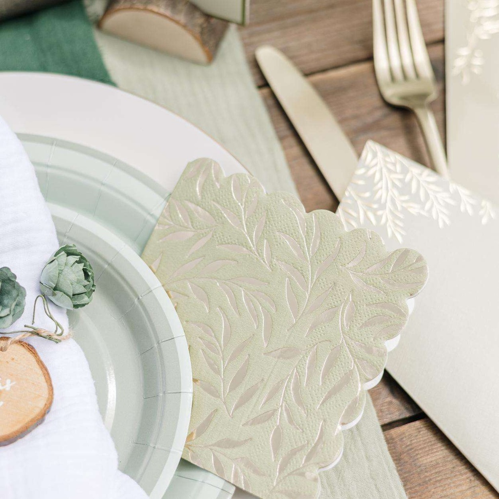 20 Serviettes Cocktail Jolis Brins Papier Vert Sauge et Or 24x24cm - 3 Plis