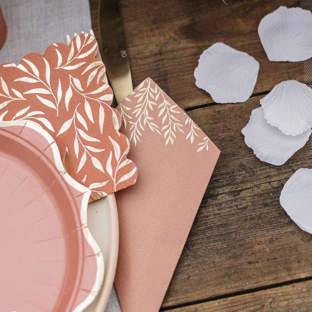 20 Serviettes Cocktail Jolis Brins Papier Terracotta et Or 24x24cm - 3 Plis