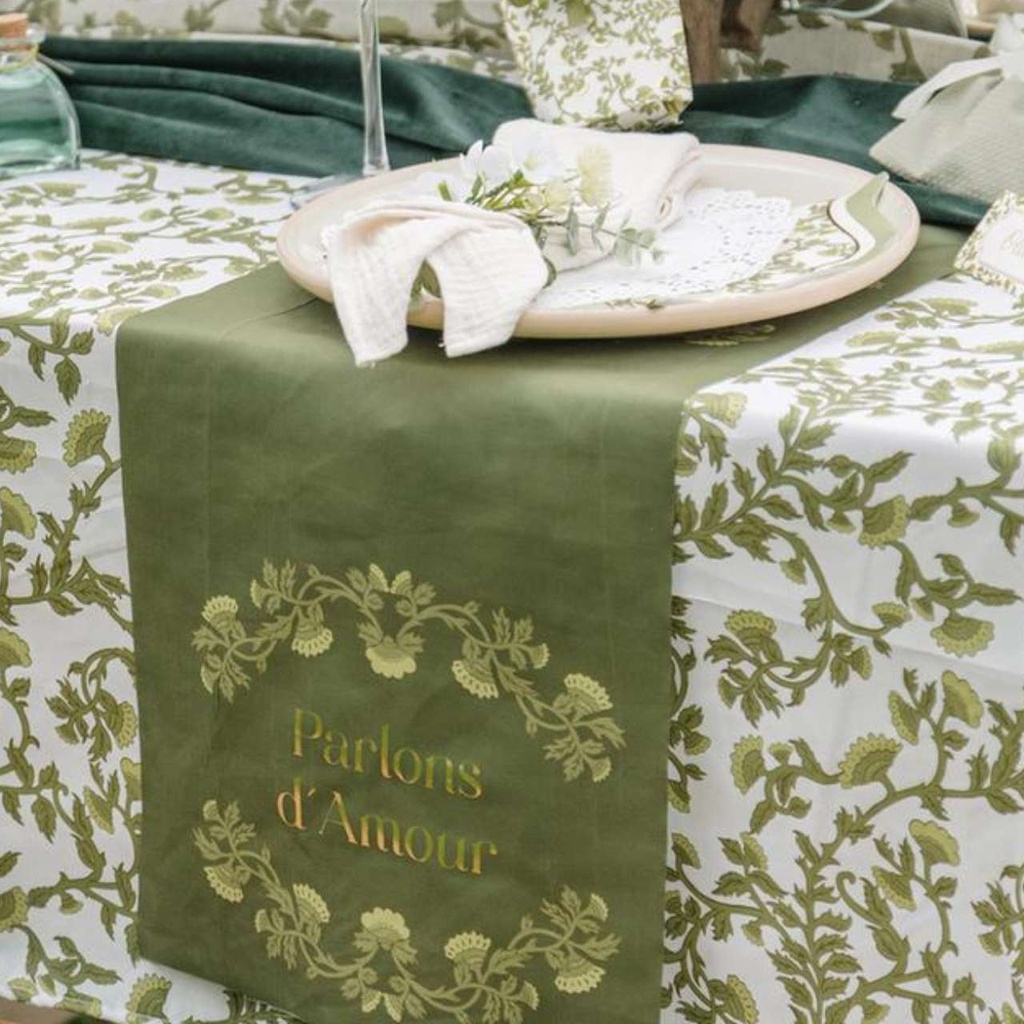 Chemin de Table "Parlons d'Amour" Tissu Pistache et Or 28cmx5m