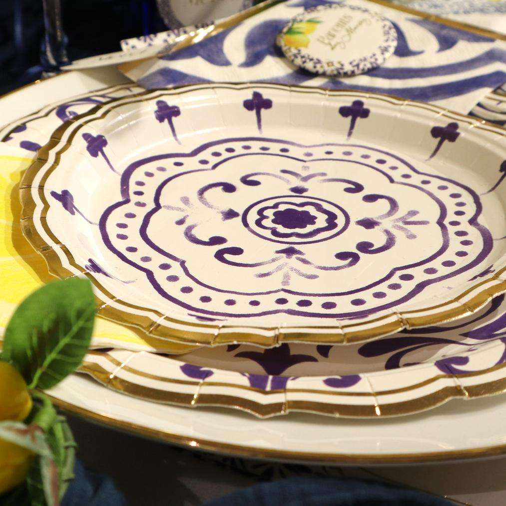 8 Petites Assiettes Dolce Vita Carton Bleu Roi, Blanc et Or Ø18cm