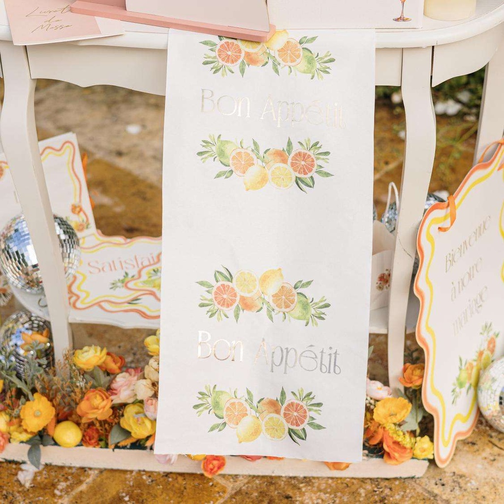 Chemin de Table Fizz Agrume "Bon Appétit" Tissu Orange, Jaune, Crème et Or 28cmx5m 