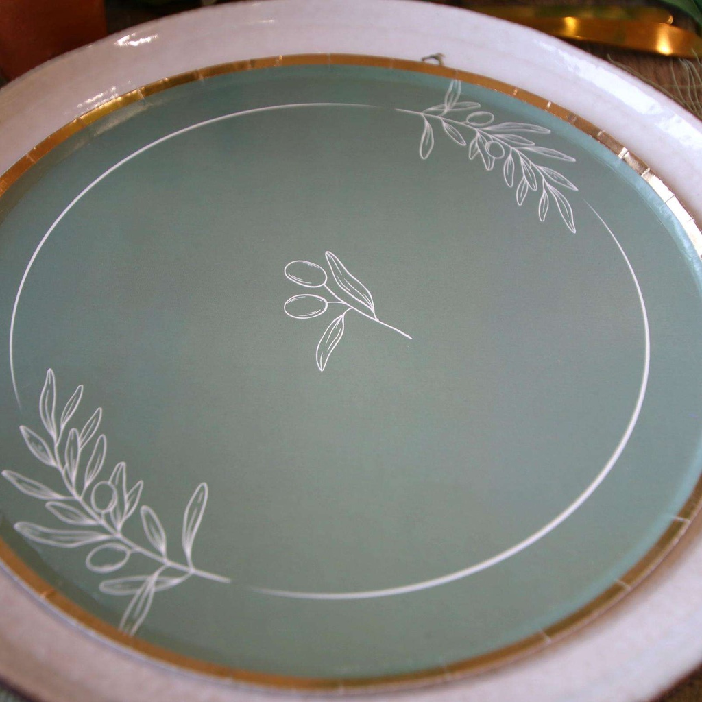 8 Assiettes Olive Oil Carton Vert de Gris et Or Ø23cm