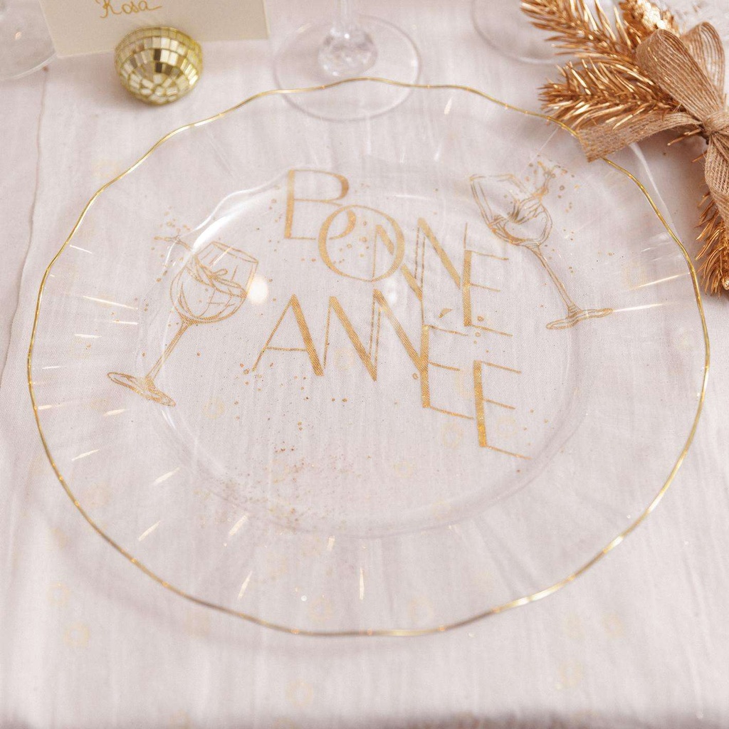 6 Assiettes Réutilisables Plastique Transparent et Or Ø26cm