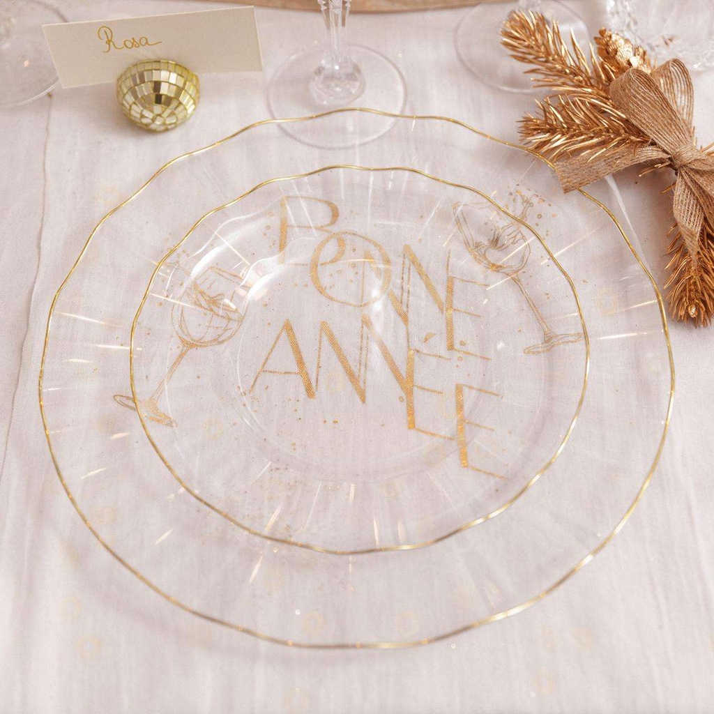 6 Petites Assiettes Réutilisables Plastique Transparent et Or Ø19cm