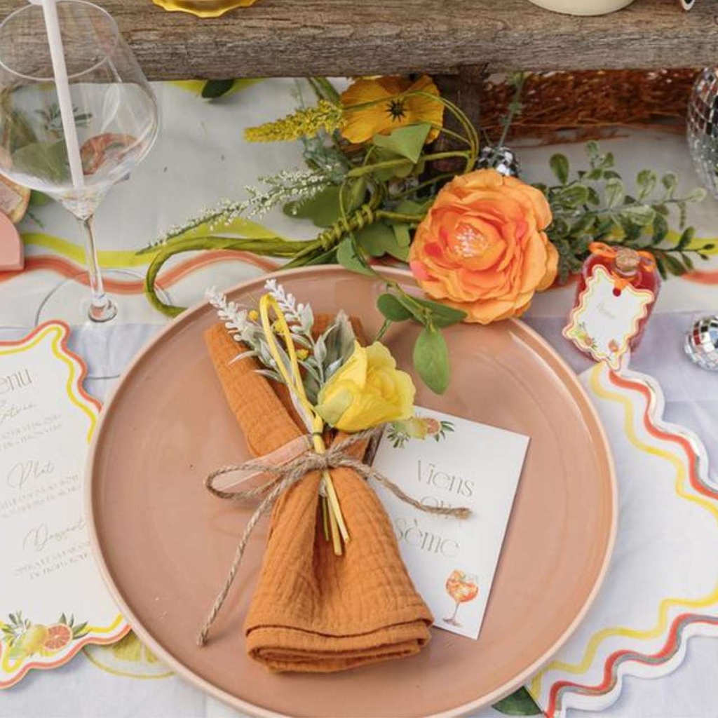 8 Assiettes Fizz Agrume Carton Crème, Orange, Jaune et Or Ø23cm