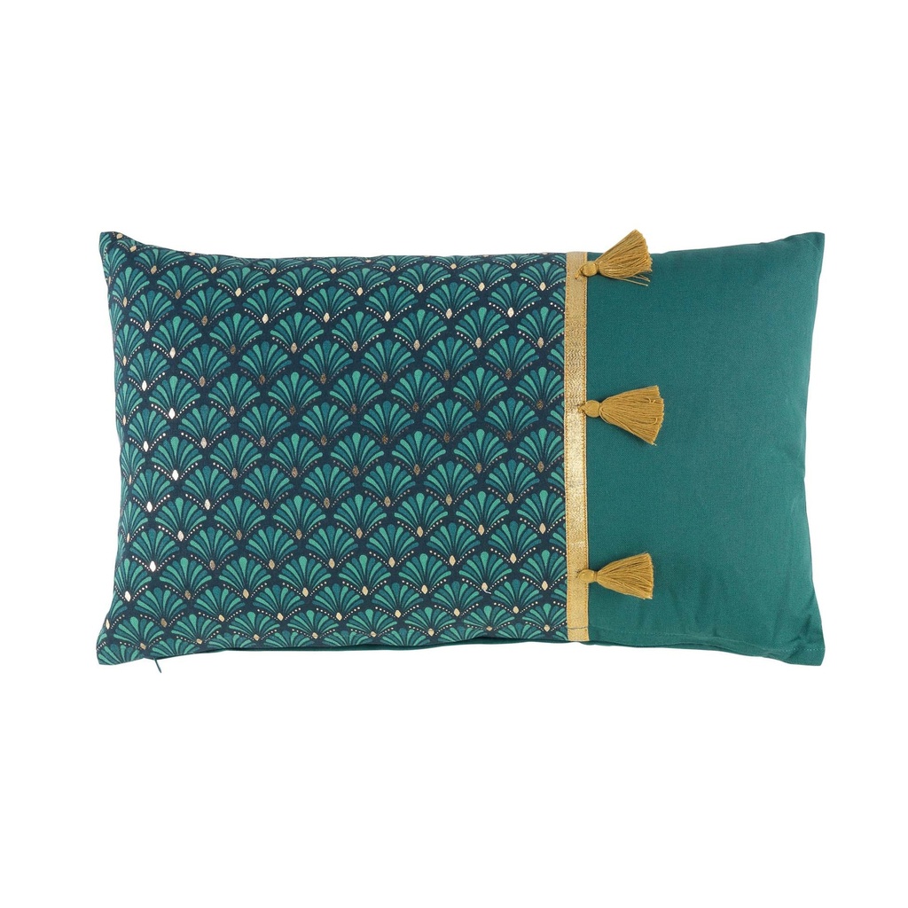 Coussin dehous. pompons 30x50 cm coton imp. metallise artchic bleu des place