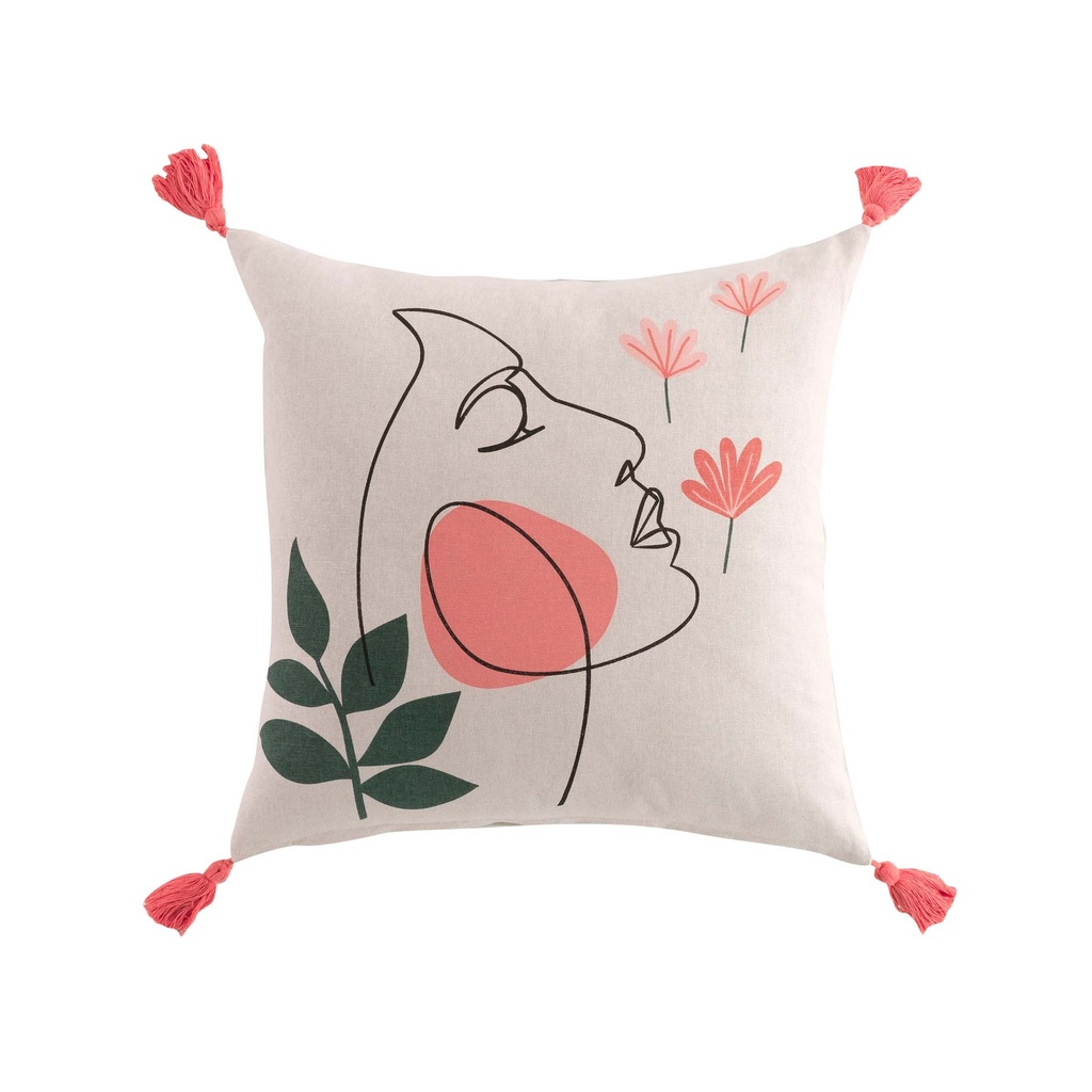 Coussin dehous. compr. pompons 45 x 45 cm coton imp marisol des. place