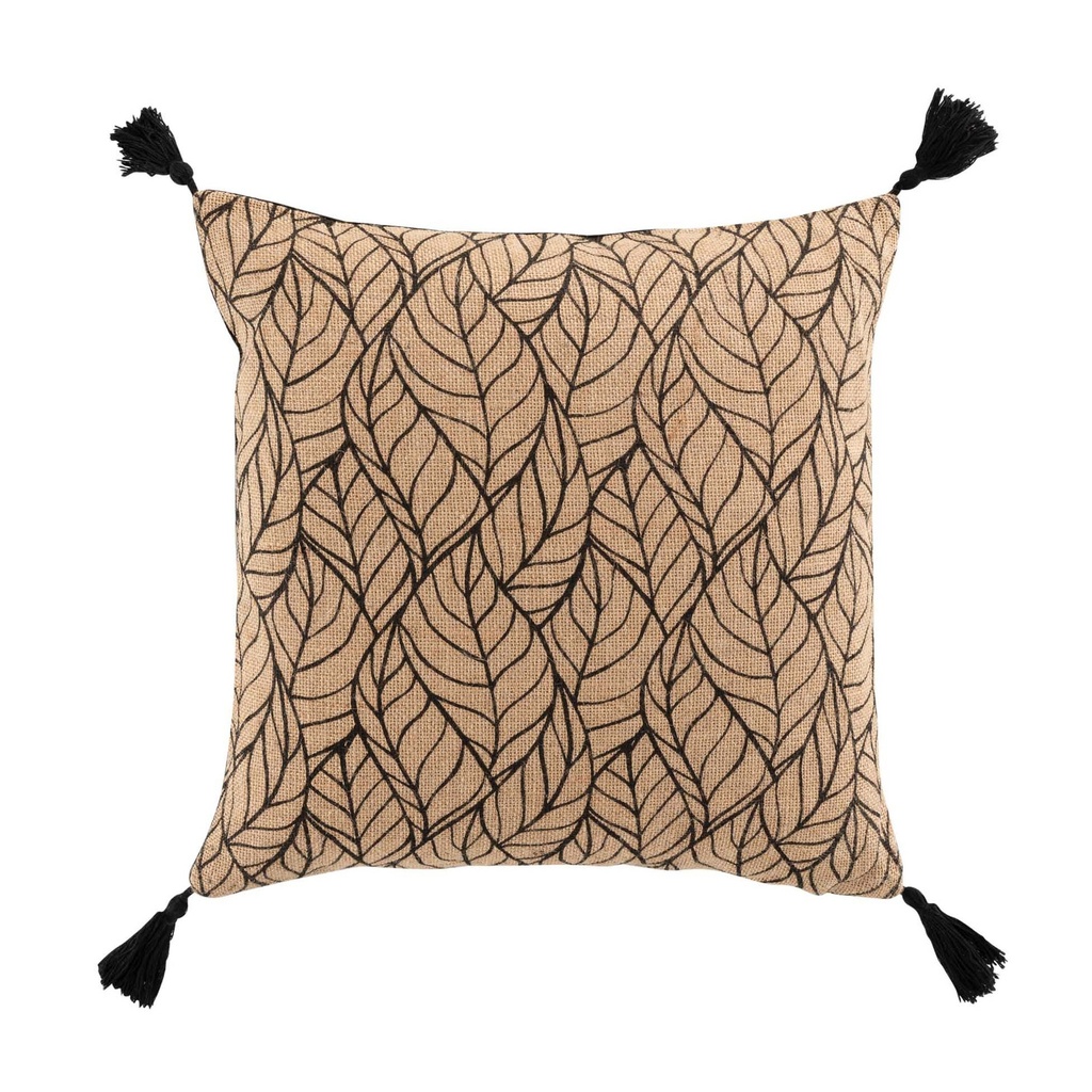 Coussin dehous. compr. pompons 40x40 cm jute imp/polycoton uni kalinda noir
