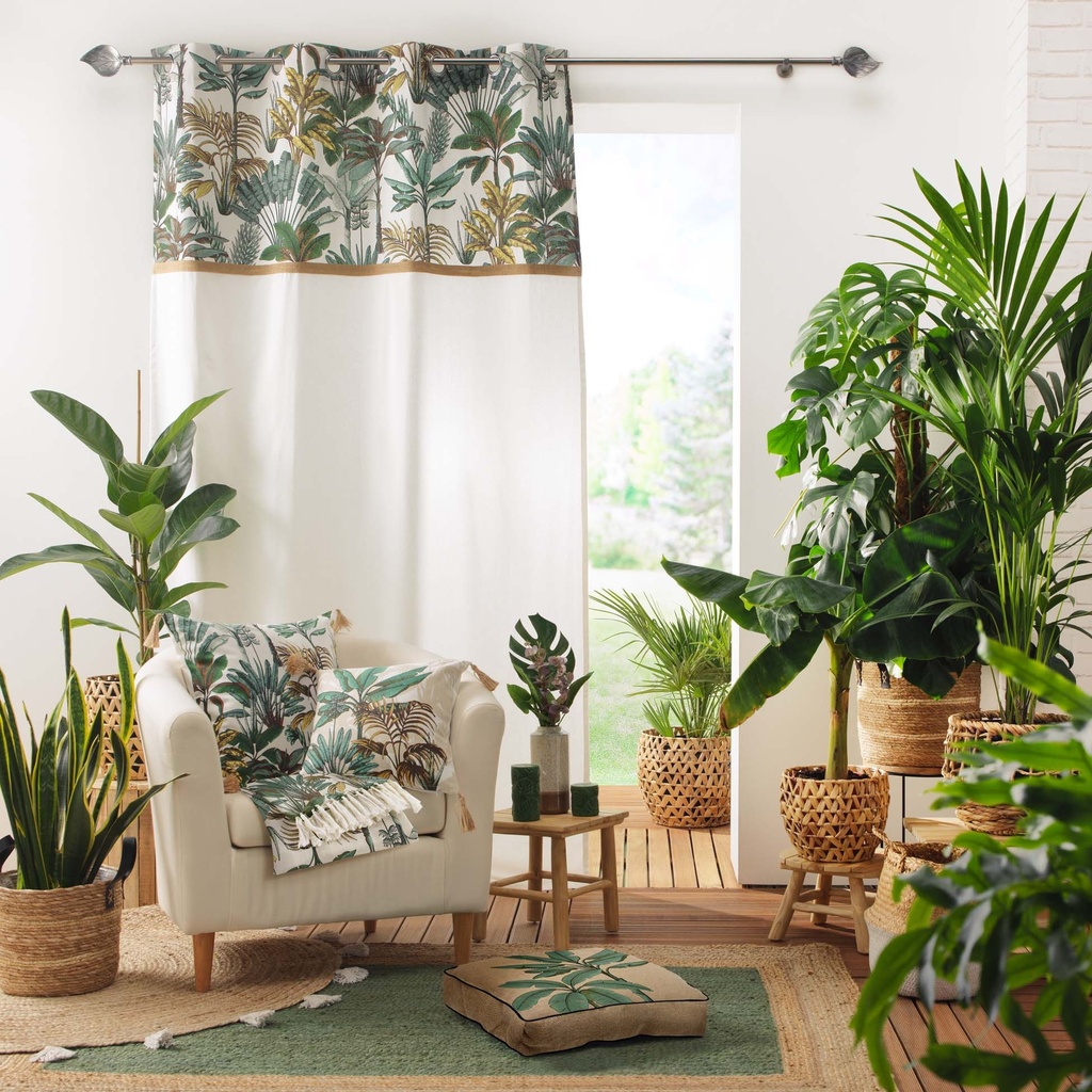 Rideau a oeillets 140 x 240 cm coton uni+top imprime+jute balinesia