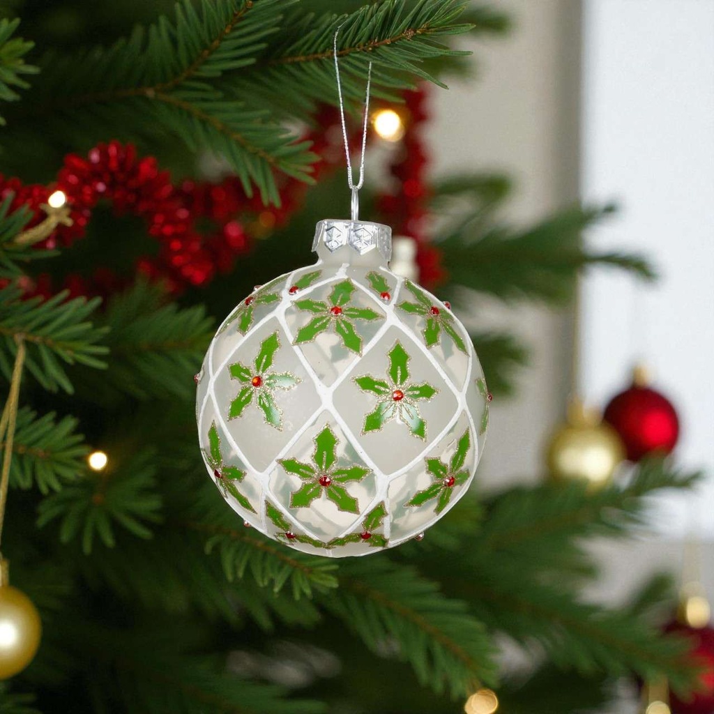 Boules verre rond a fleur/diamants rouges 