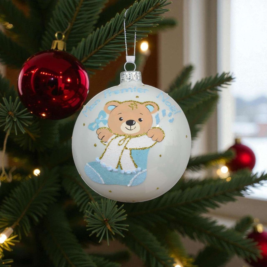 Boule verre email ours dans chaussette bleu