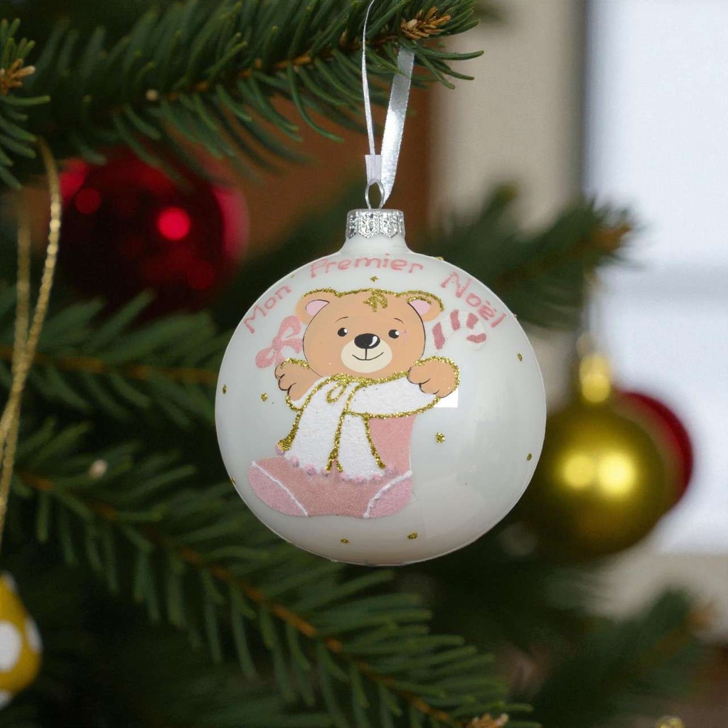 Boule verre email ours dans chaussette rose