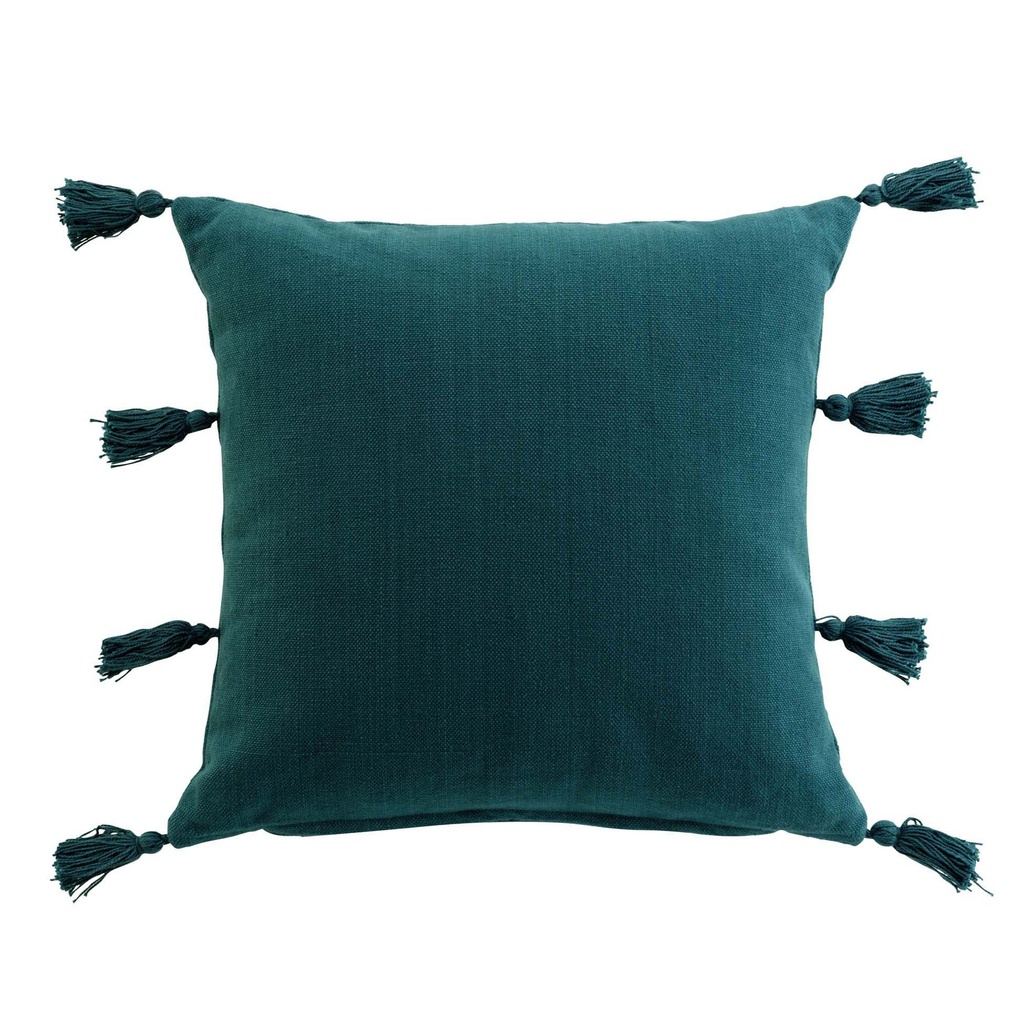 Coussin dehous. compr. pompons 45 x 45 cm coton uni tasselina petrole