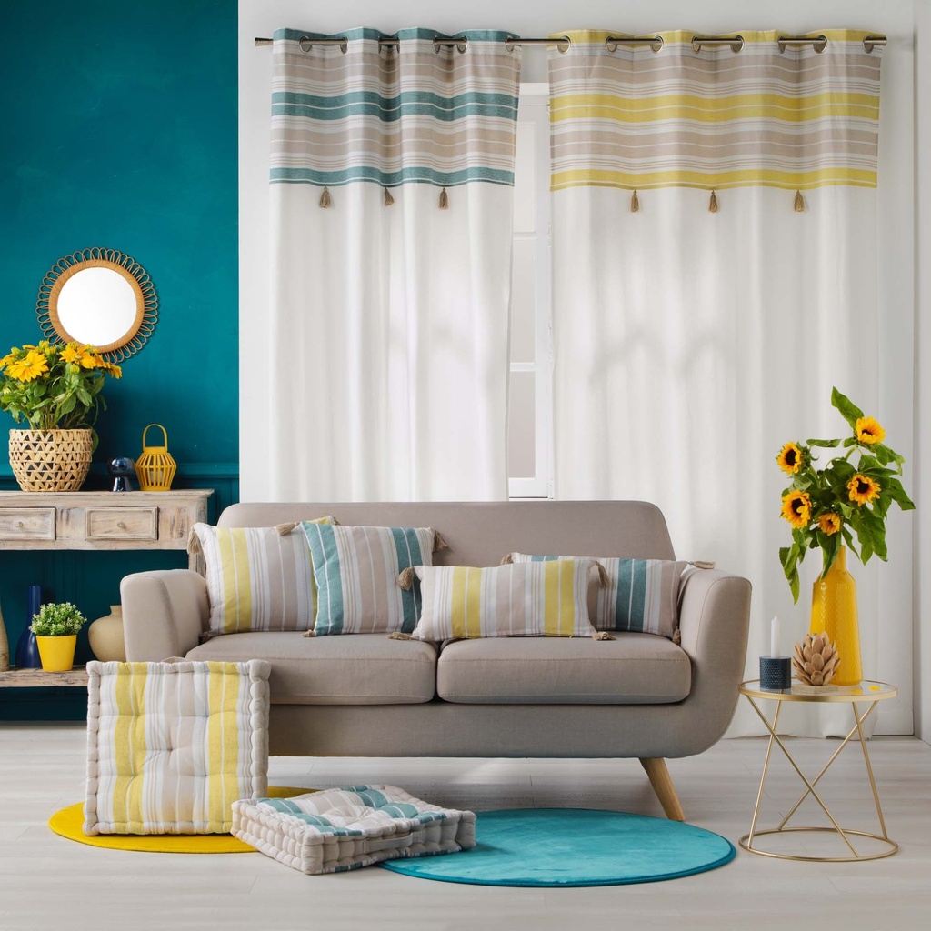 Rao 140 x 240 cm coton uni+top imp+pompons naturaline bleu