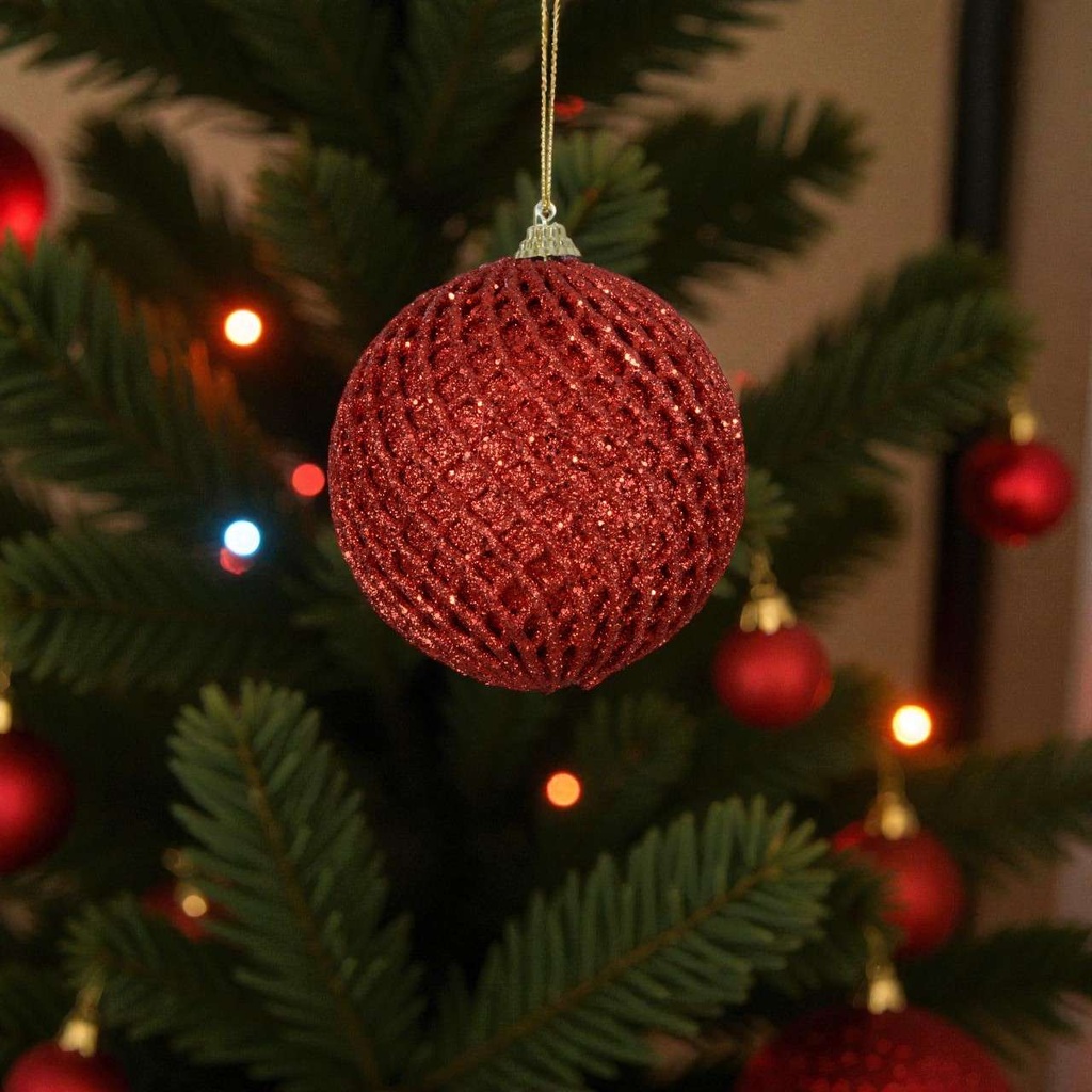 Boule rouge paillettes carreaux et paillettes tout autour 