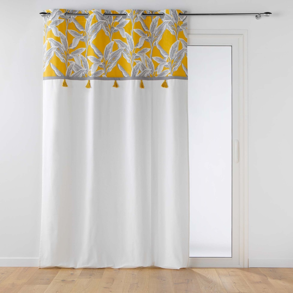 Rideau a oeillets 140 x 240 cm coton uni+top imprime+pompons isibelle jaune