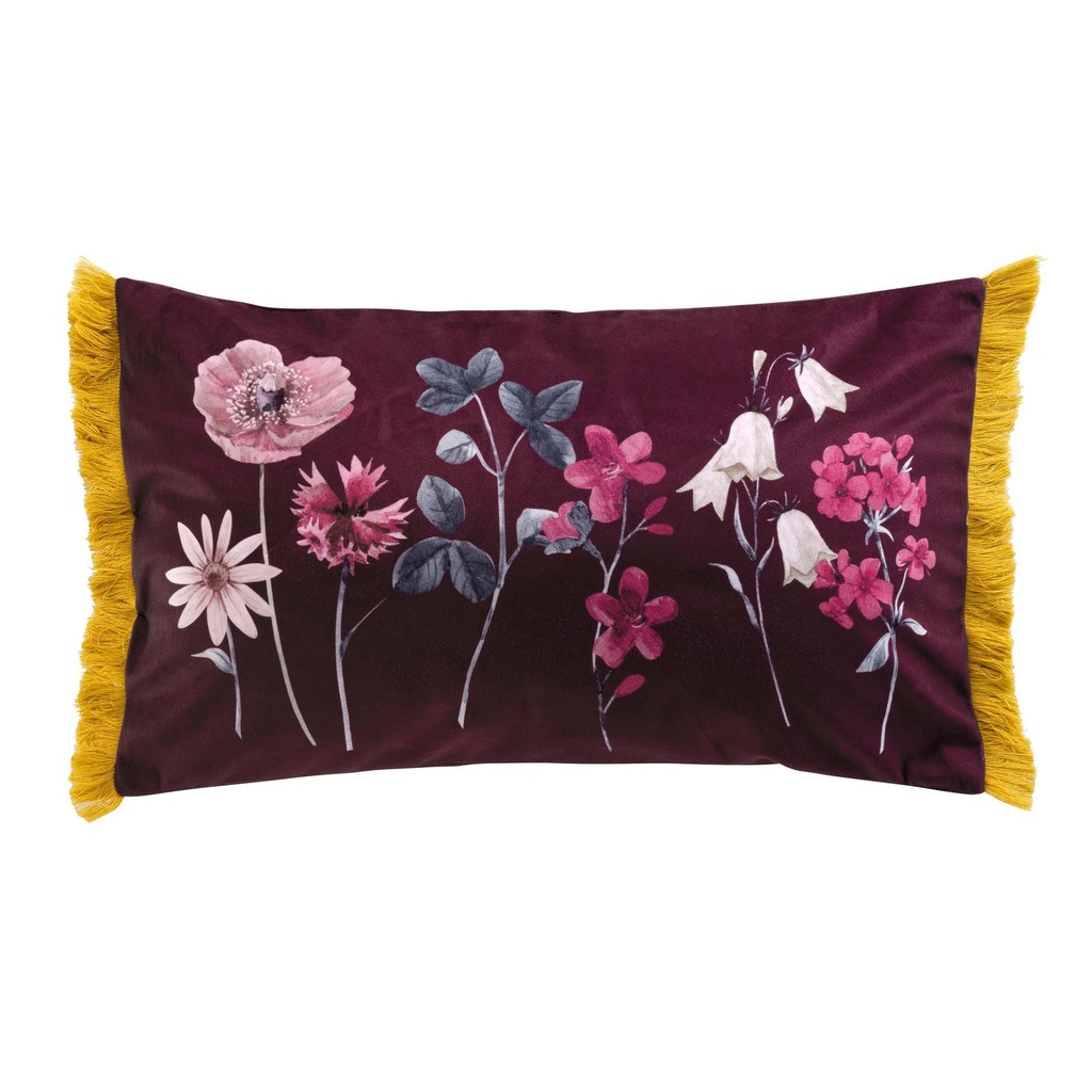 Coussin dehoussable franges 30 x 50 cm velours imprime florabella des. place