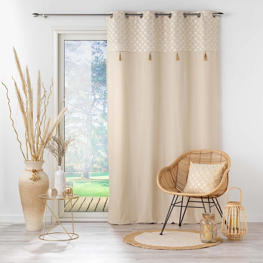 Rideau a oeillets 140 x 240 cm coton uni+top imp. met.+pompon rafina