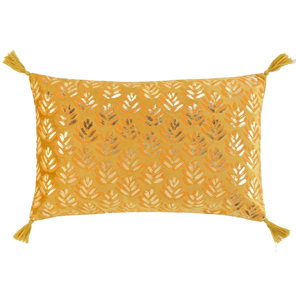 Coussin dehoussable pompons 30 x 50 cm velours imprime metallise evie ocre