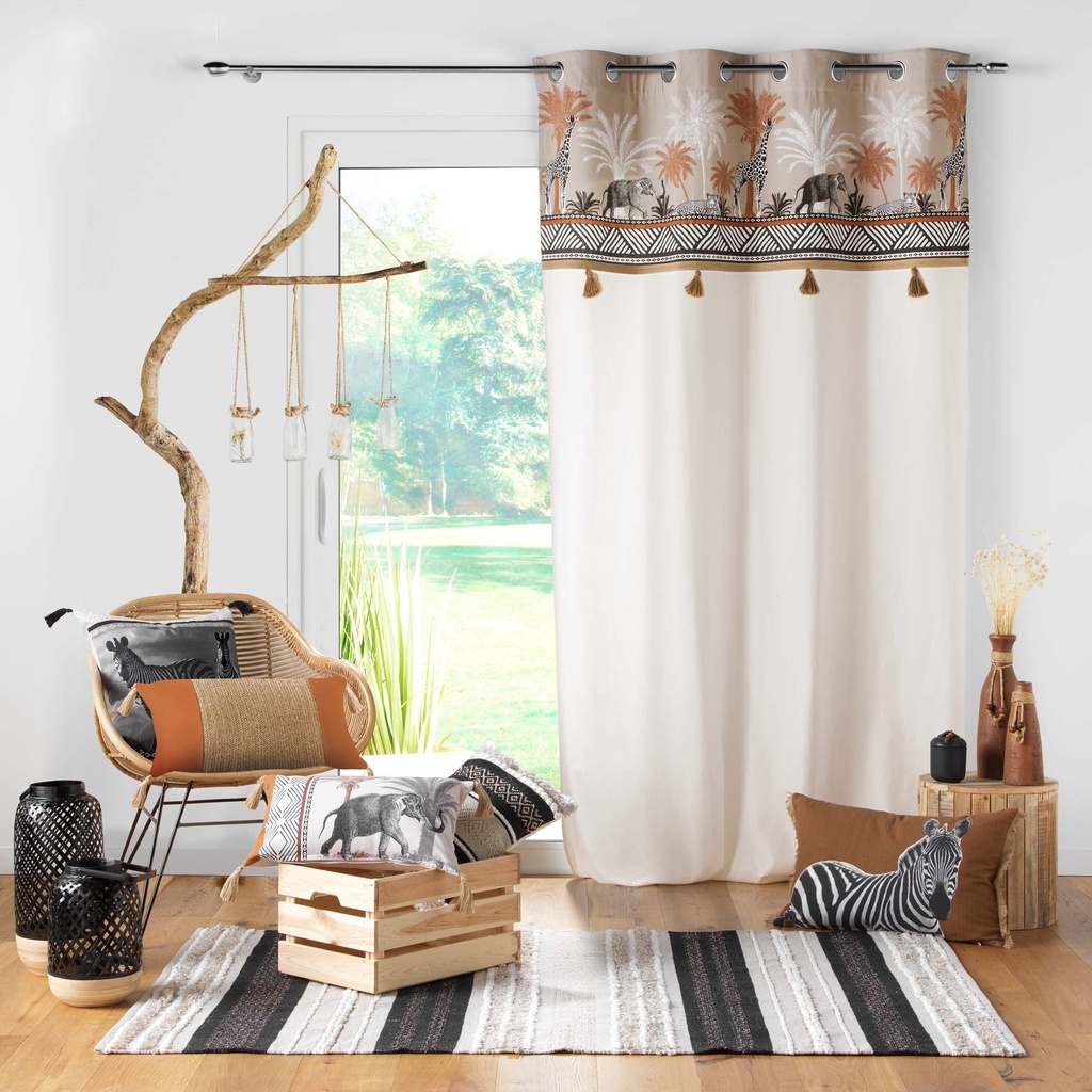 Rideau a oeillets 140 x 240 cm coton uni+top imprime+pompons kenya lodge taupe