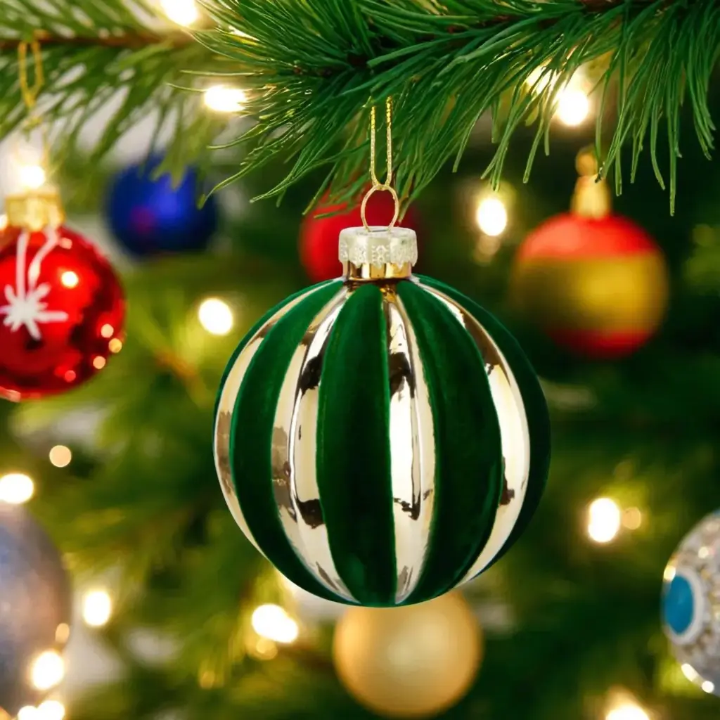 Boule de noël rayée 8cm  vert