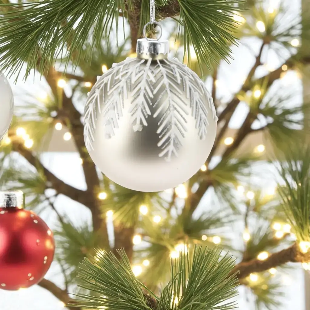 Boule noel verre 8cm feuille gris