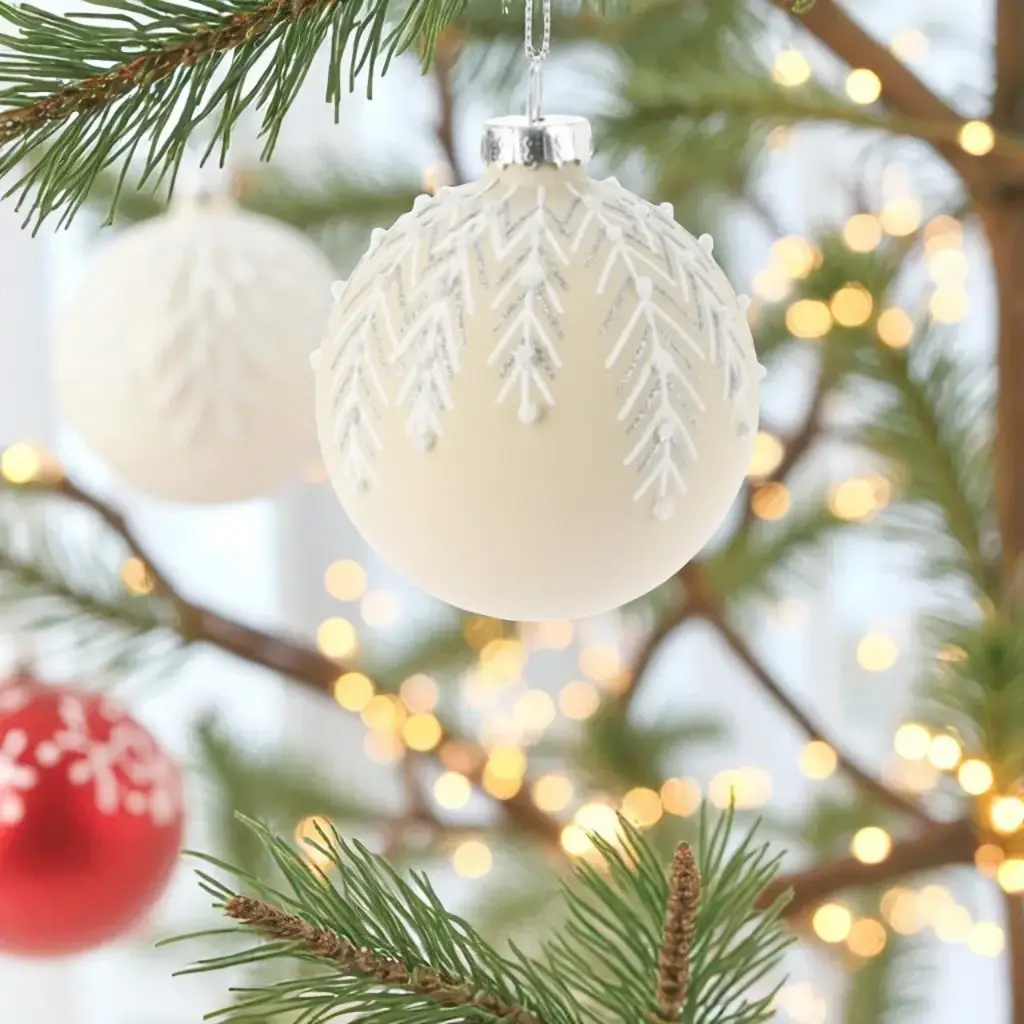 Boule noel verre 8cm feuille beige