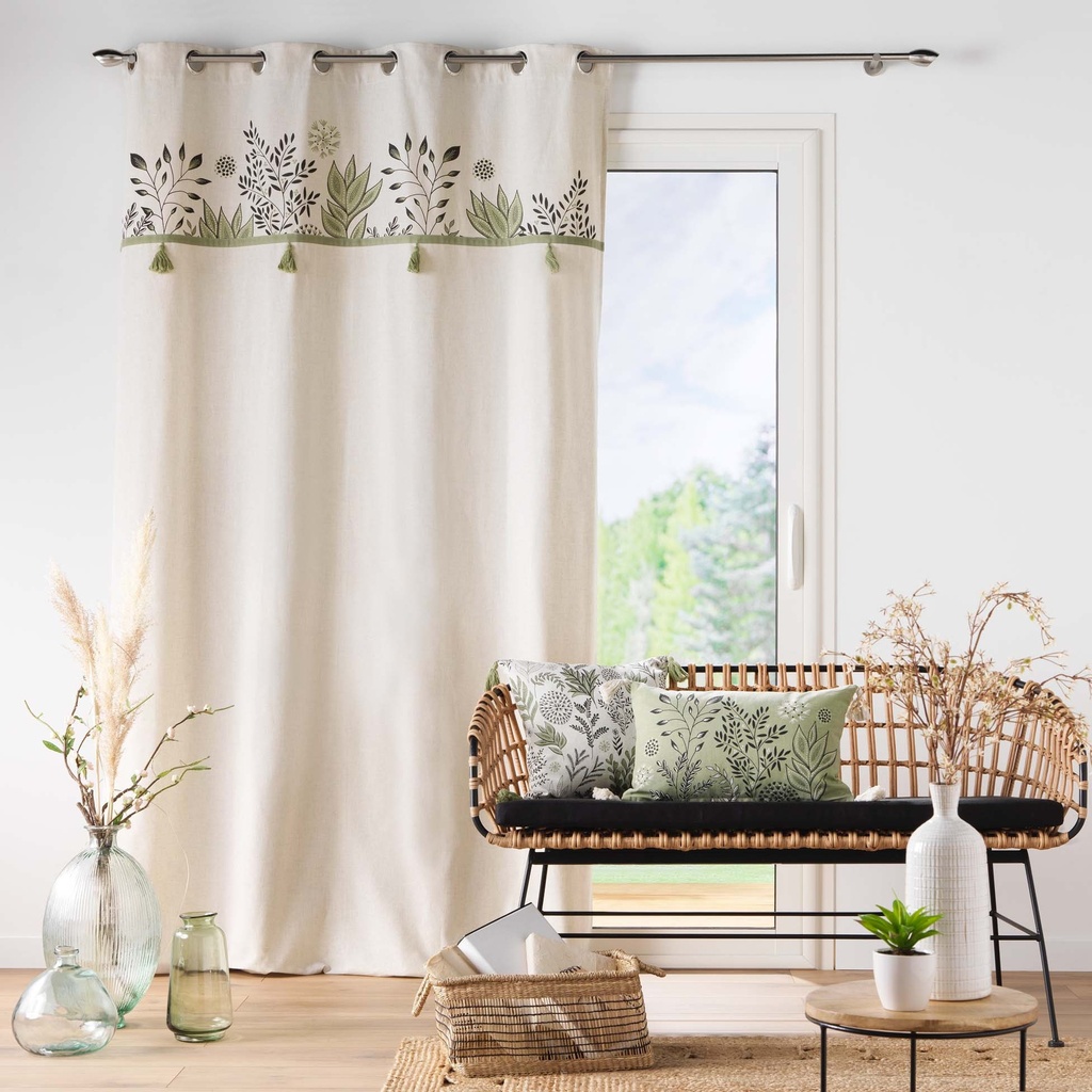 Rideau a oeillets 140 x 240 cm coton recycle+top imp+pomp grs suzanne vert