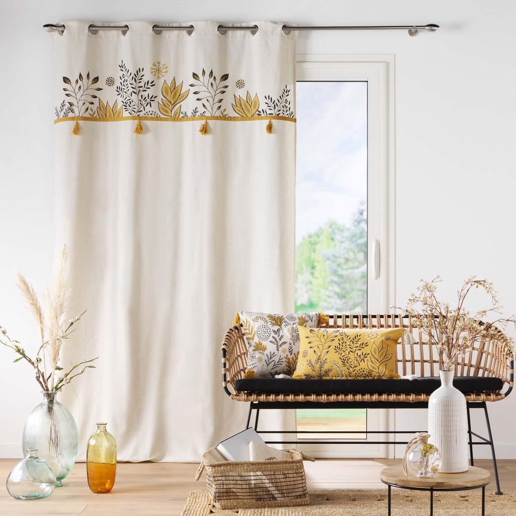 Rideau a oeillets 140 x 240 cm coton recycle+top imp+pomp grs suzanne jaune