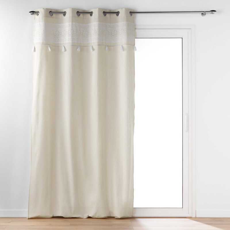 Rideau a oeillets 140 x 240 cm polycoton uni+top imp+pompons isalina blanc