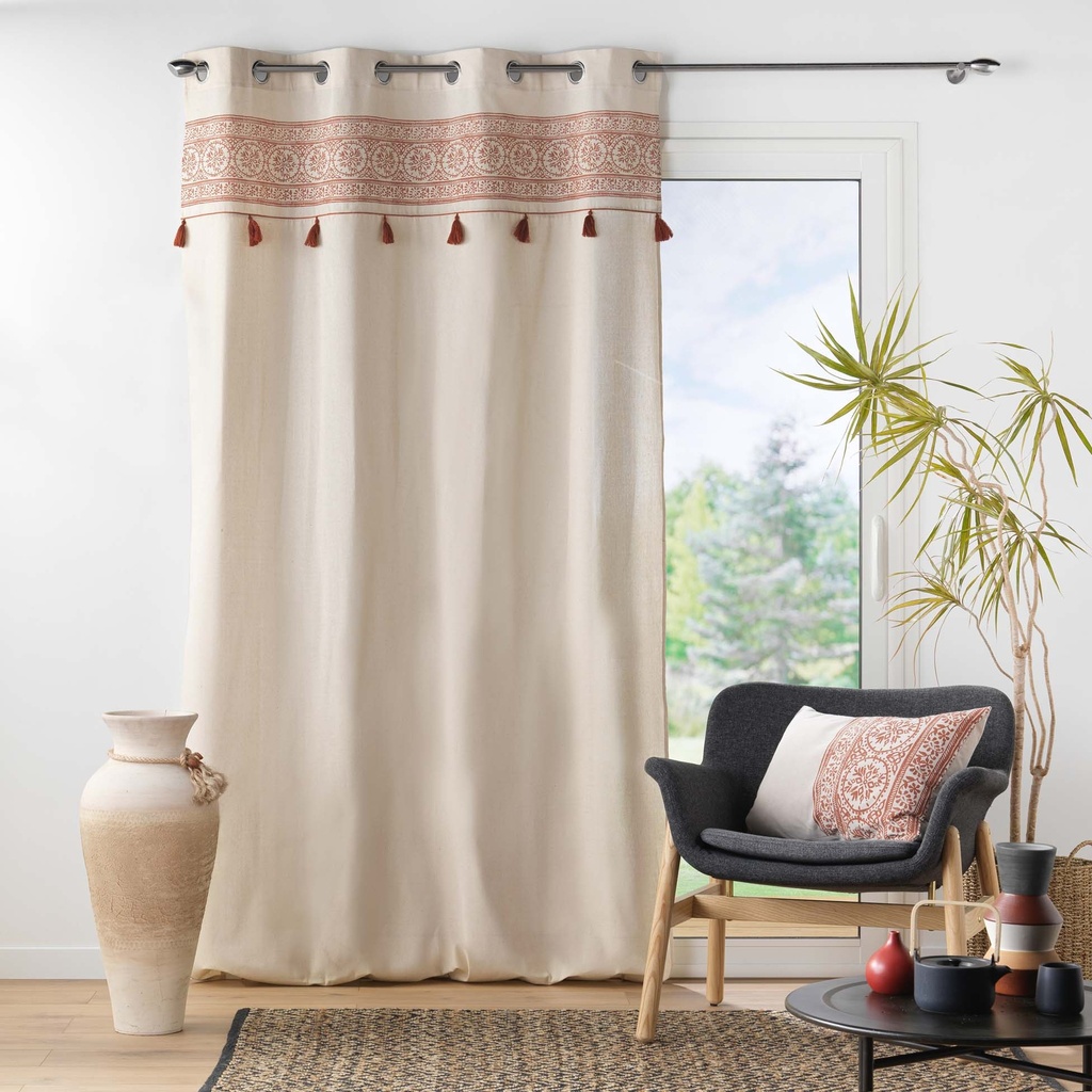Rideau a oeillets 140 x 240 cm polycoton uni+top imp+pompons isalina terracotta