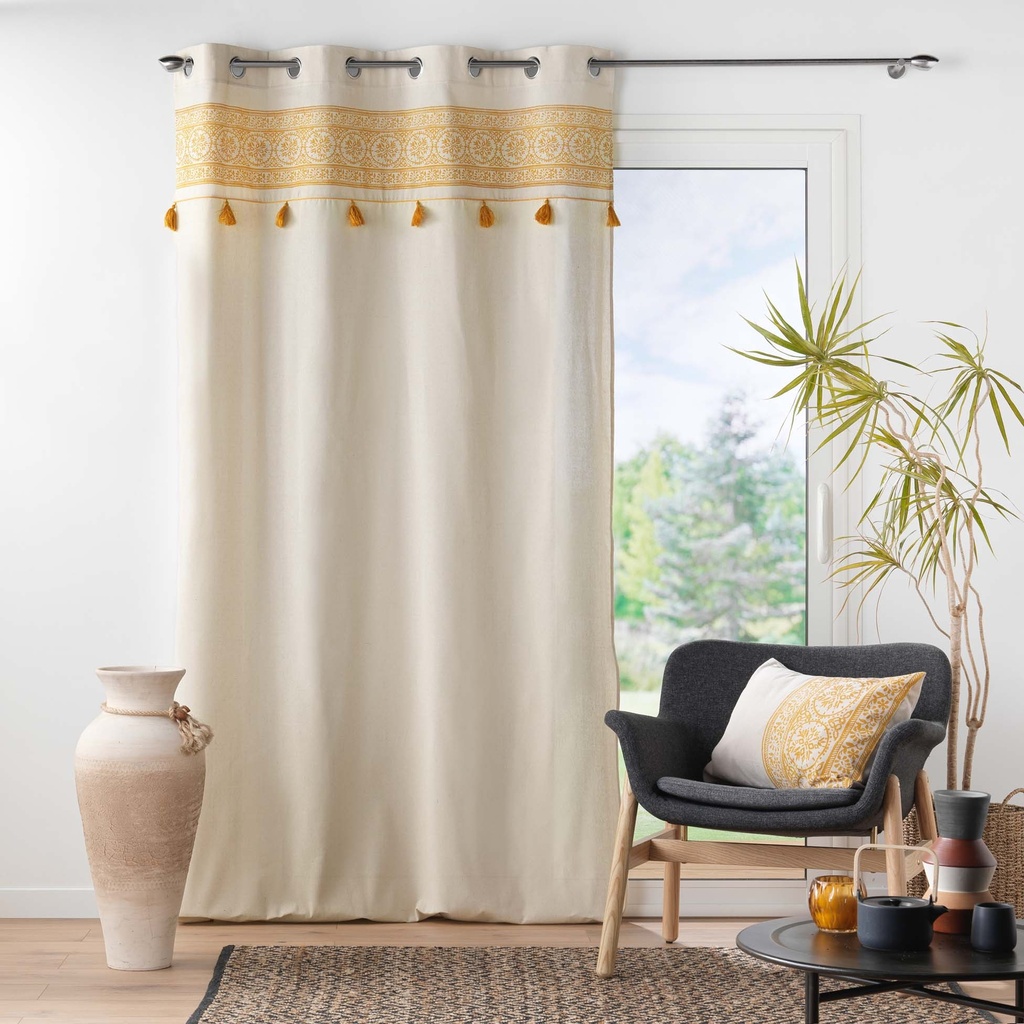 Rideau a oeillets 140 x 240 cm polycoton uni+top imp+pompons isalina jaune