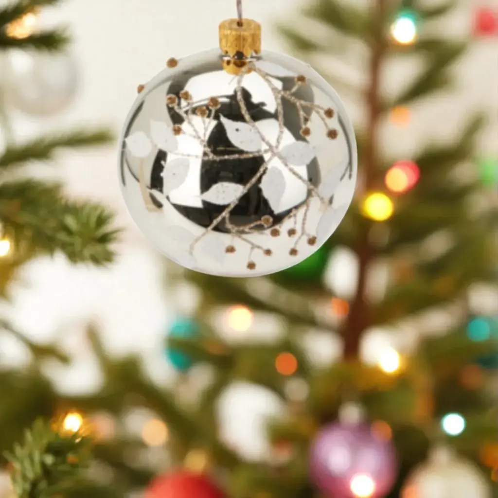 Boule de noël en verre 80mm doré feuilles en gouttes