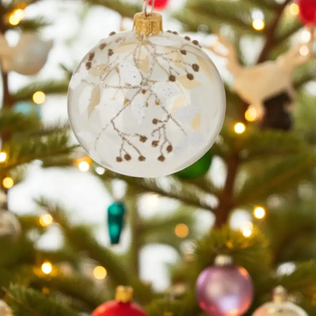 Boule de noël en verre 80mm transp feuilles en gouttes