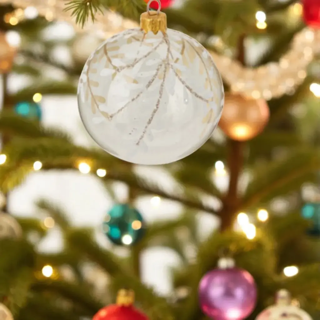 Boule de noël en verre 80mm transp feuilles pointue